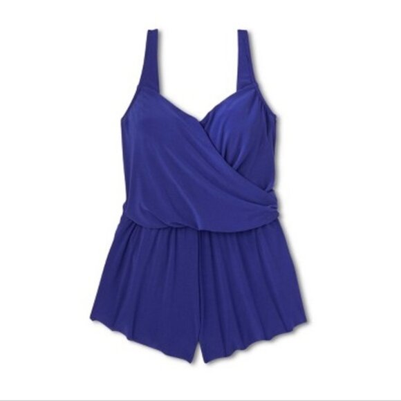 New with Tags! Women's UPF 50 V-Neck Cover Up Swim Romper - Aqua Green® Blue - Picture 2 of 6